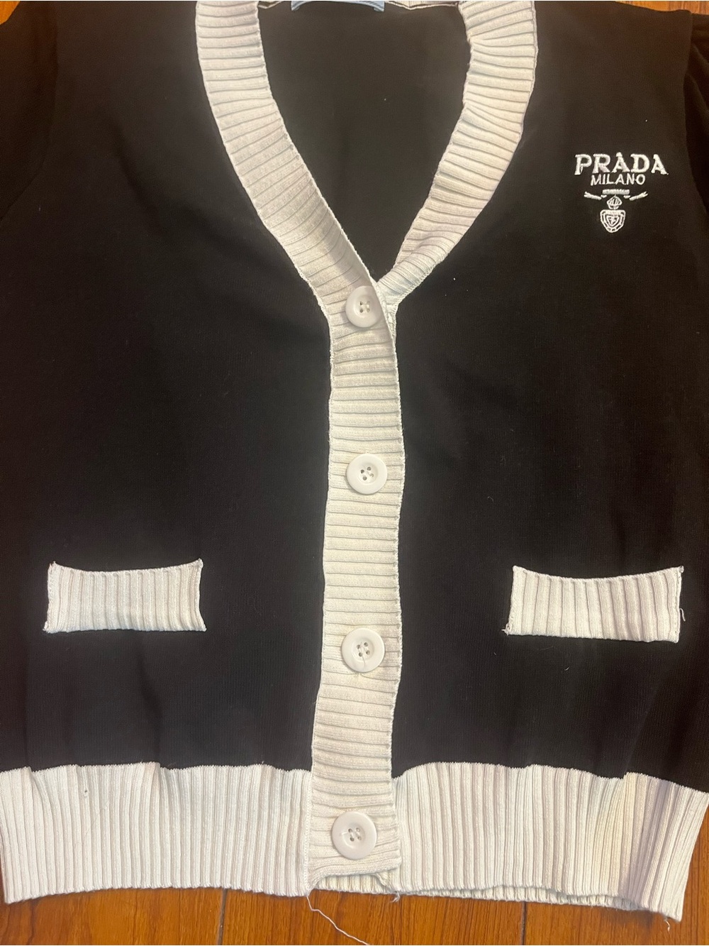 Prada style Short-Sleeve Black Cardigan with White Trim - Picture 2 of 7